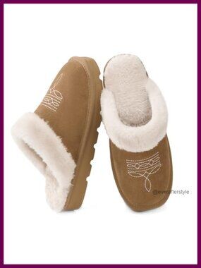 Western Cowboy Boot Slippers Suede Memory Foam Faux Fur Lined Square Toe
